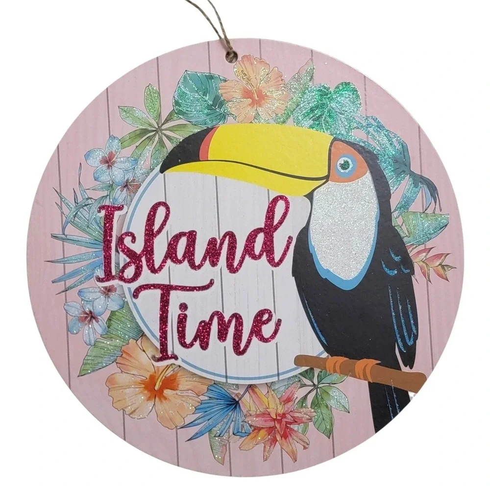 Island Time Toucan Wall Decor Sign Pink Glitter Hibiscus Tropical Tiki Summer